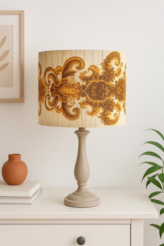 Gold Baroque Fabric Lampshade: Retro 70s Home Lighting