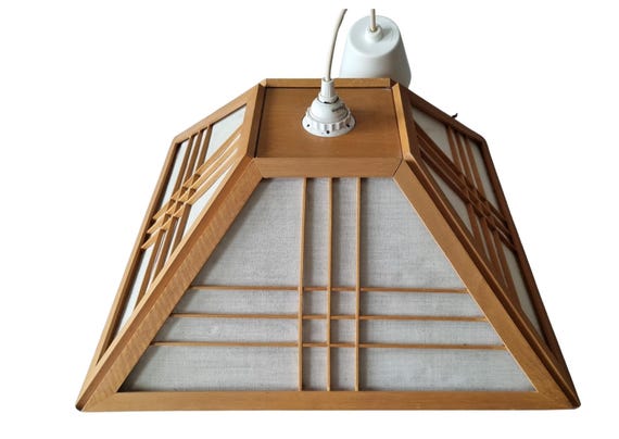 Vintage IKEA Pendant Lamp – 1980s 1990s Wood & Fabric Ceiling Light – Scandinavian Pyramid Shape – Rare Collectible