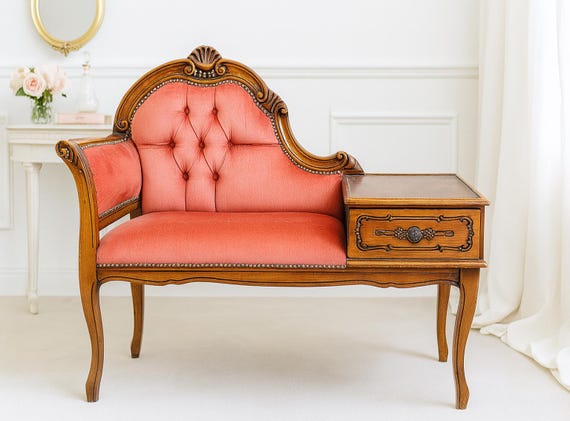 Vintage Gossip Bench / Telephone Bench – Pink Velvet & Carved Wood Seat with Drawer – French Provincial Hollywood Regency Chair