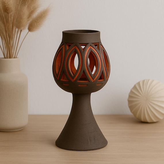 Vintage Swedish Pottery Candle Holder – Torsebo Design, Red Glaze Cut-Out Lantern, 1960s