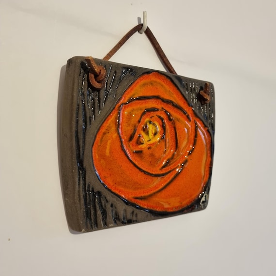 Vintage JIE Gantofta Ceramic Wall Plaque • Swedish Mid-Century Modern Orange Rose Art
