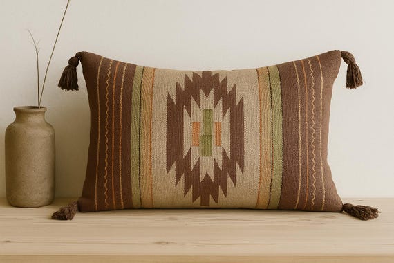 Vintage Scandinavian Handwoven Pillow Cover – Brown & Orange Rustic Cushion – Folk Textile,  Earth Tone Geometric Cushion