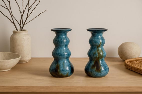 Vintage Swedish Ceramic Candle Holders – Guldkroken Hjo – Blue Brown Drip Glaze Mid Century Modern