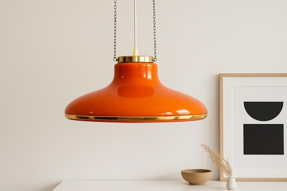 Scandinavian Mid century Modern Orange Gold Glass Ceiling Lamp, Vintage Elegant Retro Lamp