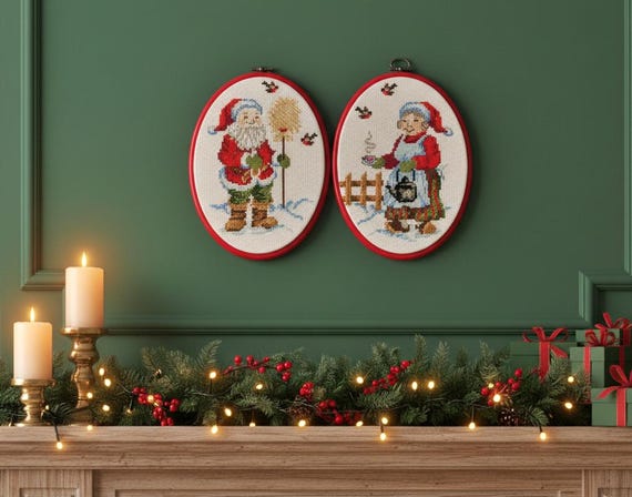Hand-embroidered Santa & Mrs. Claus Christmas Decor - Vintage Cross Stitch Set