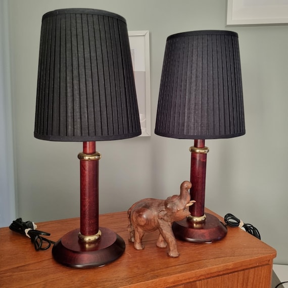 Rare pair Vintage Markslöjd Kinna Table Lamps - Scandinavian Design, Pinewood and Brass, Black Pleated Shades, Elegant Mid-Century Styl