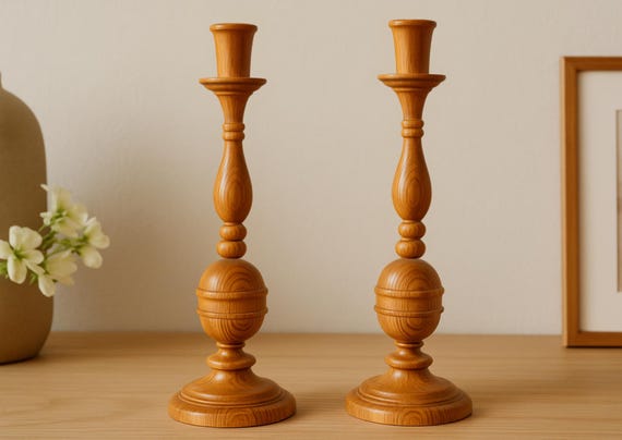 Vintage Scandinavian Wooden Candlesticks,  Pine Candle Holders with Double Bead Detail, Rustic Farmhouse Decor, Mid-Century Style Pair