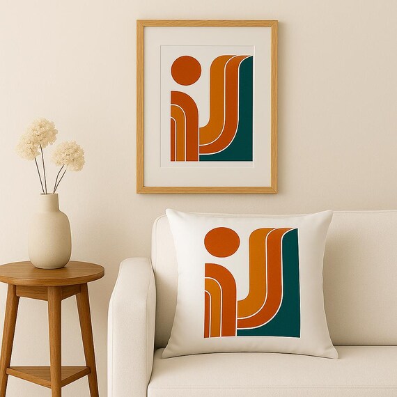 Mid Century Modern Wall Art & Pillow Cover – Abstract Geometric Pattern in Rust, Mustard, Teal – MCM Home Decor