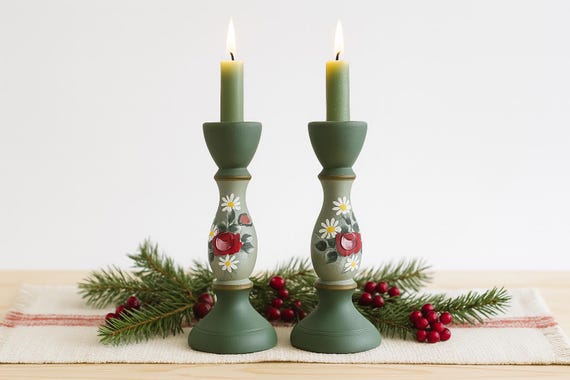 Vintage Swedish Green Wooden Candlesticks – Hand-Painted Floral Folk Art – Scandinavian Country Cottage Decor – Pair of 2
