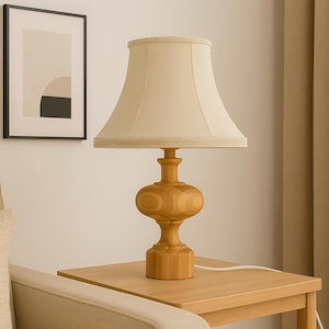 Vintage Scandinavian Wood Table Lamp: Geometric Design, Cream Shade