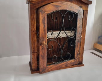 Antique Rustic Wood Wall Cabinet with Iron Door: Farmhouse Kitchen Storage