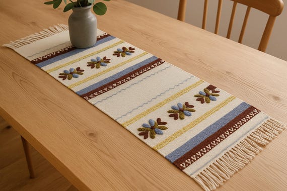 Vintage Swedish Allmoge Table Runner – Handwoven Rustic Floral Textile – Scandinavian Decor