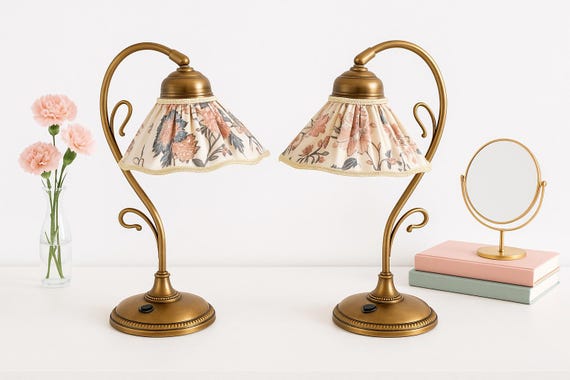 Mid-Century Scandinavian Brass Table Lamp Pair - Vintage Atelje Lyktan, Floral Fabric Shades, Antique Patina, Elegant Design, Extreme rarity
