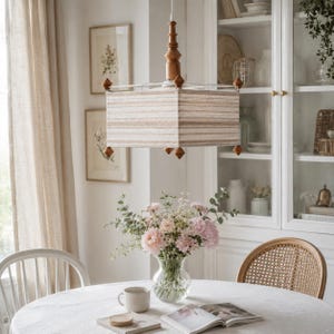 Pendant Lamp with Striped Fabric Shade, Square Pine Ceiling Light, Swedish 1970s Scandinavian Hanging Lamp, Rustic Brown Beige Pendant