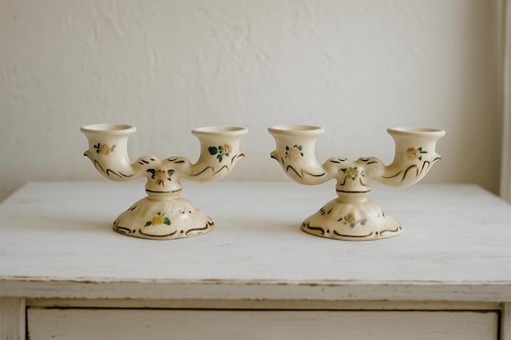 Porcelain Candle Holders – Hand-Painted Vintage Pair