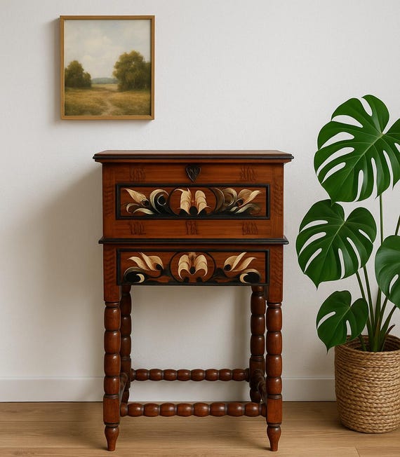 Vintage Swedish Handmade Sewing Chest, Swedish «Kurbitsmaleri» Sewing Chest, Dalarna Folk Art, 1944, Dalarna Sweden
