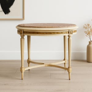 Antique Gustavian Side Table with Marble Top – Hand-Painted, Gold Accents, French Louis XVI Style