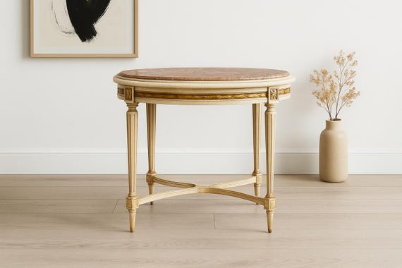 Antique Gustavian Side Table with Marble Top – Hand-Painted, Gold Accents, French Louis XVI Style