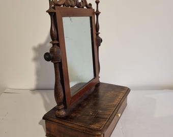 Antique Swedish Shaving Mirror: Turned Wood Swivel Stand & Drawer