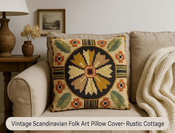 Vintage Scandinavian Folk Art Pillow Cover – Handwoven Wool Tapestry, Rustic Cottage Decor, Mid-century Floral Cushion