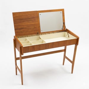 ミッドセンチュリーモダンスタイルの鏡と収納付きドレッシングテーブル、1960年代デンマーク製チーク材デザイン、スカンジナビア風化粧台