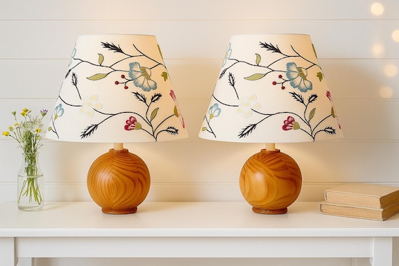 Pair of Swedish MCM Pine Table Lamps – Vintage IKEA Nightstand Lights with Embroidered Floral Shades