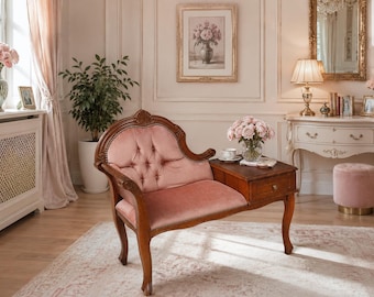 Gossip Bench Telephone Table Pink Velvet Carved Wood Vanity Seat with Drawer