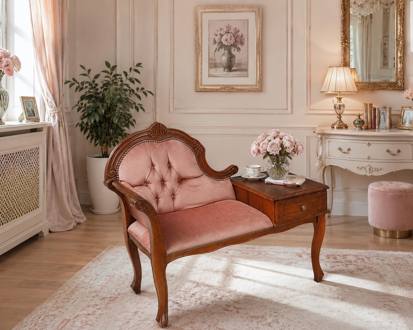 Gossip Bench Telephone Table Pink Velvet Carved Wood Vanity Seat