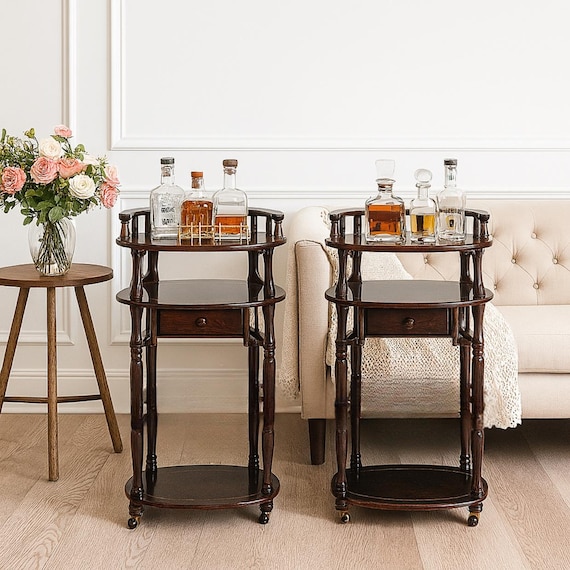 Pair of Vintage Mahogany Side Table with Drawer – Three Tiers, Oval Shelves & Handles – Classic Nightstand or Plant Stand