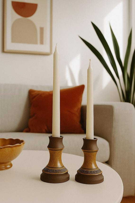 Vintage Scandinavian Candle Holders – MCM Brutalist Pottery – Retro Ceramic Pair 1960s