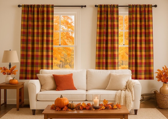 Boho Autumn Plaid Curtains – Mustard Orange Green Short Window Panels , Rustic Fall Checkered Curtains  Drapes for Cottagecore Kitchen