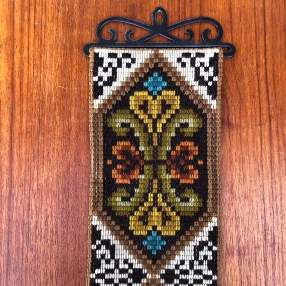 Vintage Scandinavian Embroidered Beautiful Floral Wall Hanging - 1960s 1970s Handmade Retro Home Decor , Retro Large Wall Decoration
