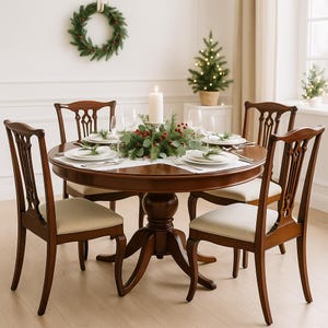 Vintage Solid Mahogany Chippendale Dining Set – Extendable Round to Oval Pedestal Table with 4 Chairs, Classic English Revival