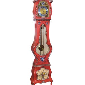 Rare Red Hand-Painted Grandfather Clock – Ornate Vintage Floor Clock with Floral Design & Chiming Pendulum, Elegant Vintage Floor Clock