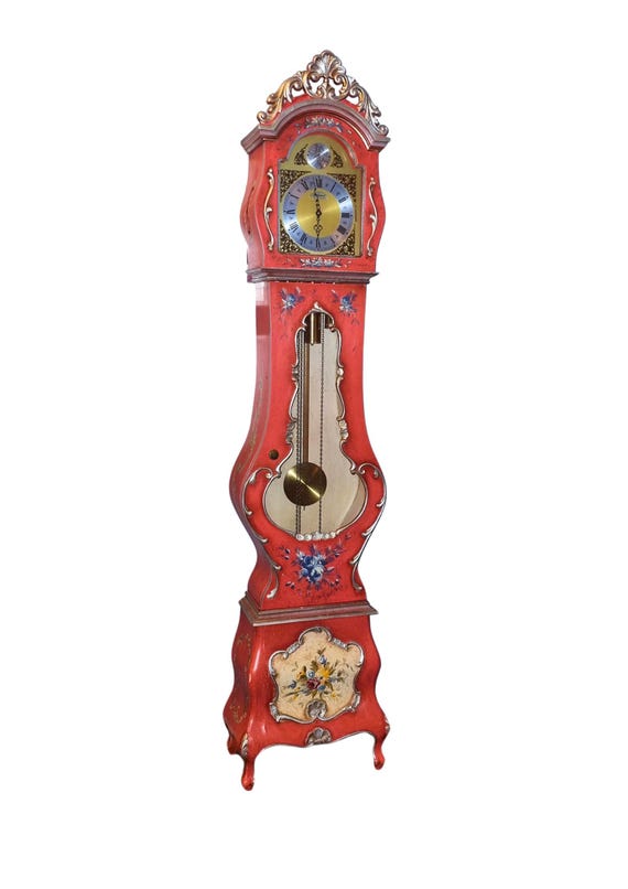 Rare Red Hand-Painted Grandfather Clock – Ornate Vintage Floor Clock with Floral Design & Chiming Pendulum, Elegant Vintage Floor Clock