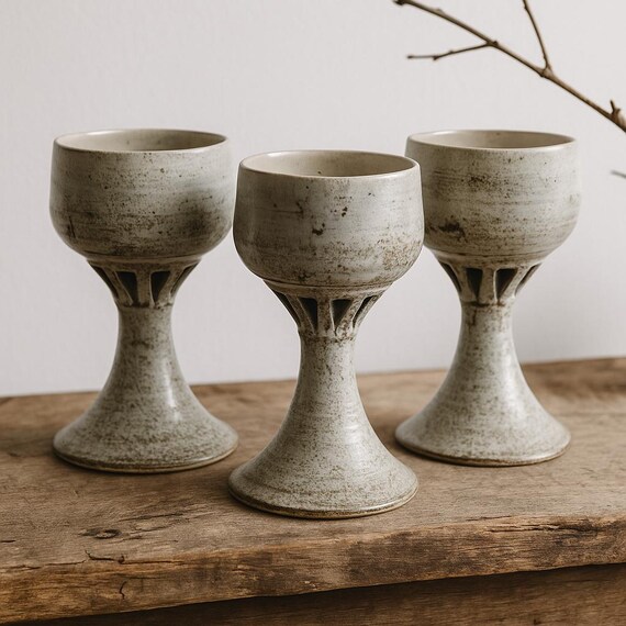 Brutalist Scandinavian Goblets – Handcrafted Studio Pottery, Wabi-Sabi Ceramic Chalices, Rustic Nordic Decor, Signed- set of 3