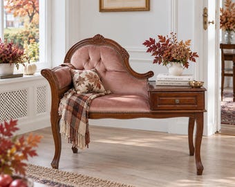 Gossip Bench Telephone Table Pink Velvet Carved Wood Vanity Seat