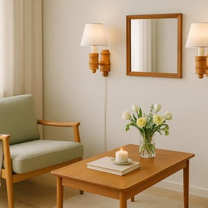 Vintage Pine Wood Wall Sconces: Scandinavian Retro Lamp Pair, 1970s