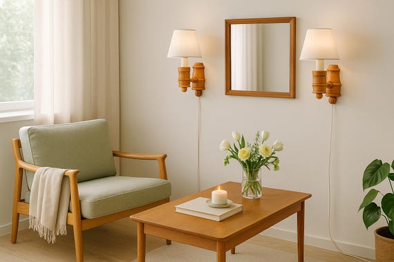 Pine Wood Wall Lamps –Lamp Pair of Scandinavian, 1970s Vintage Wall Sconces ,White Lampshades , Retro Lamp Pair