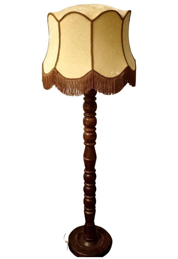 Rare Vintage Danish Mid-Century Floor Lamp with Original Velvet Shade – Sculpted Wood Base, Retro Scandinavian Design