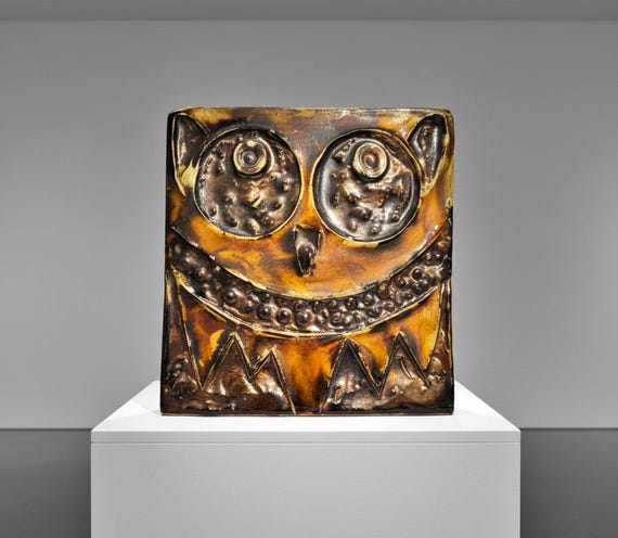 Vintage Helmut Schäffenacker Owl Plaque • Mid-Century Ceramic Relief Art