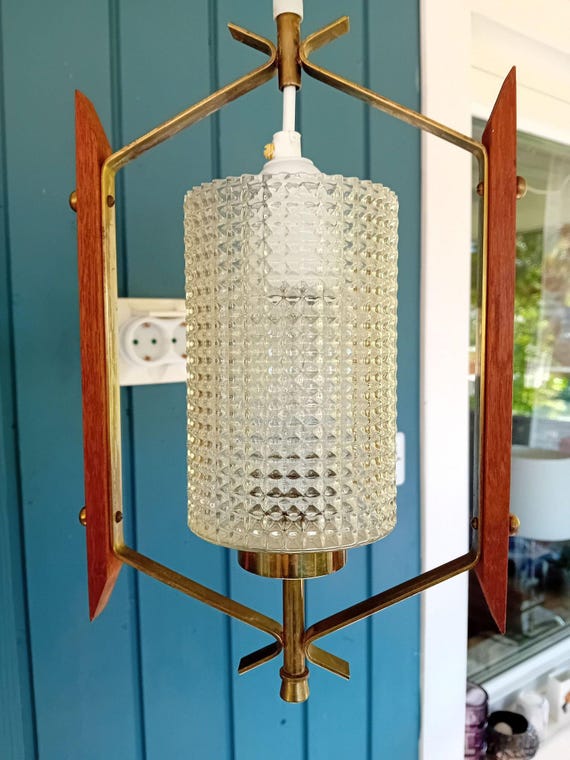 Scandinavian Mid Century Ceiling Lamp Teak and Brass , Milk Glass Shade 1960s 70s Indoor Outdoor