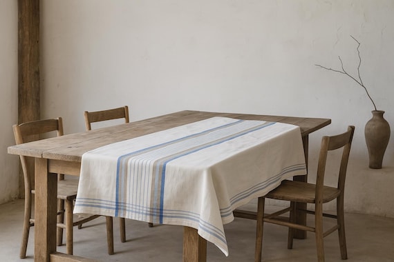 Vintage Swedish Linen Tablecloth – Striped Scandinavian Rustic Farmhouse Decor – Large 6-Seater Dining Table – 1980s Nordic Country Style