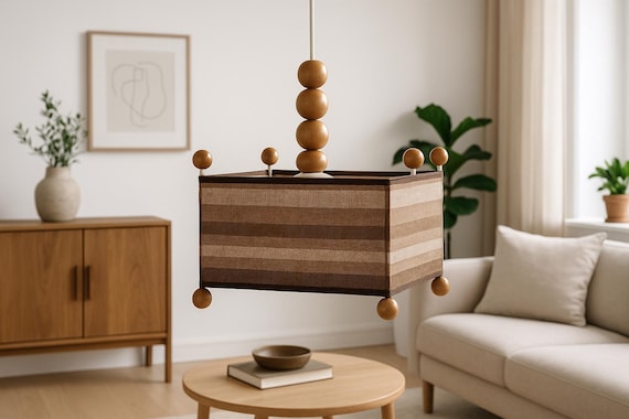 Scandinavian Pine Wood Chandelier, Retro Pine Ceiling Light with Textile Shade, 1970s Scandinavian Design , Mid Century Danish Pendant