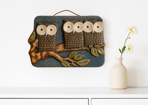Vintage ceramic Three Wise Owls Wall Plaque – Willy Fischer for EGO Sweden – 1970s Scandinavian Stoneware Art Amazing Vintage wall plaque