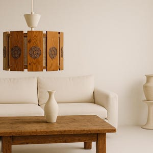 Vintage Scandinavian Wooden Pendant Light – Wabi-Sabi Japandi Ceiling Lamp with Carved Medallions, Mid Century Modern Style, 1960s ,Folk art
