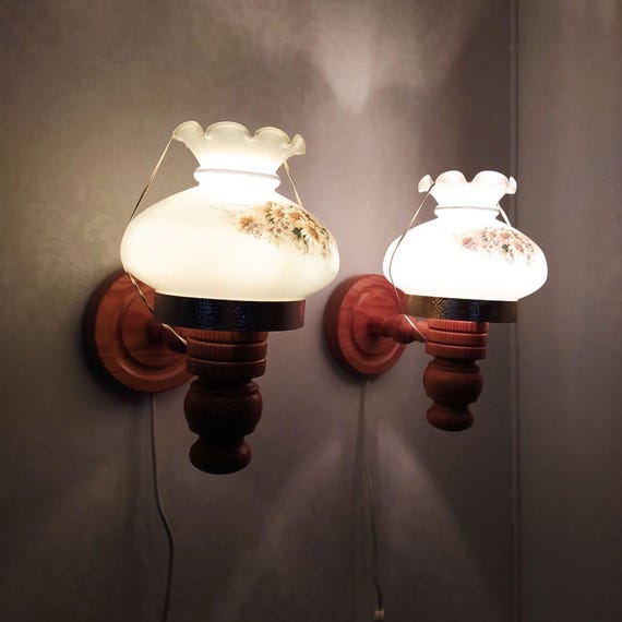 MCM Scandinavian Pine Wood Wall Lamps with Floral Glass Shades - Vintage Pair of Rustic Cottage Light Fixtures