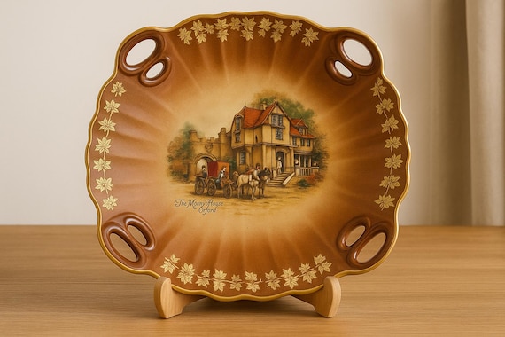 Vintage  Hand Painted English Coaching Scene Brown and Gold Decorative Plate