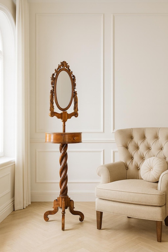 Antique Victorian Vanity Mirror – Hand-Carved Walnut Gentleman’s Dressing Stand