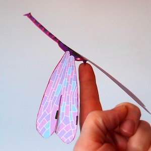 May include: A pink and blue paper dragonfly with a purple body and black accents. The dragonfly is balanced on a finger.
